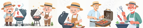 vector of grandfather grilling meat