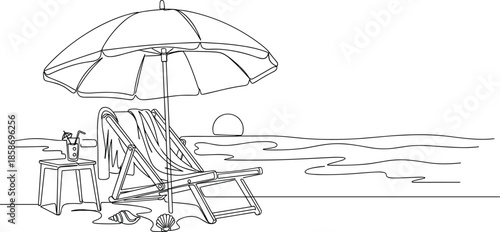 Creative One-Stroke Beach Relaxation Scene with Umbrella and Chairs.