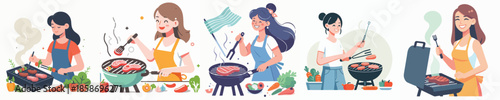 vector of a girl grilling meat