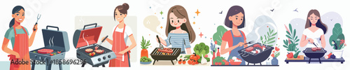 vector of a girl grilling meat