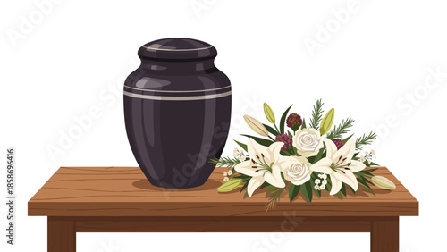 Solemn funeral urn paired with a delicate white floral arrangement, respectfully placed on a wooden table, symbolizing mourning and remembrance.