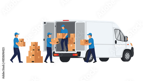 Efficient team of four delivery workers diligently loads numerous cardboard boxes into a white cargo van, ensuring smooth logistics.
