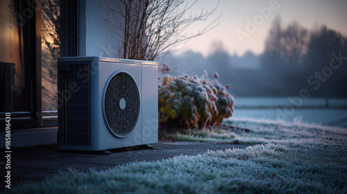 A heat pump unit sits on a frosty lawn outside a house on a chilly morning with a blurred background of trees and a misty atmosphere