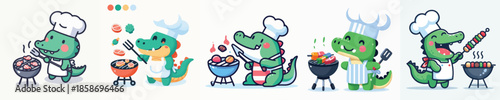 cute crocodile vector is grilling meat