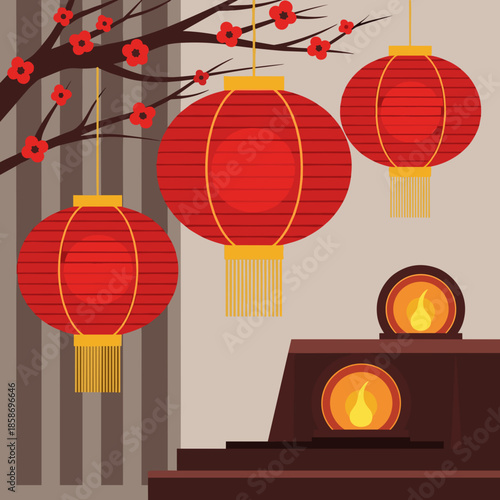 Red Chinese lanterns hanging from a blossoming branch, illuminating an interior space with warm light from additional lanterns or candles, festive scene.
