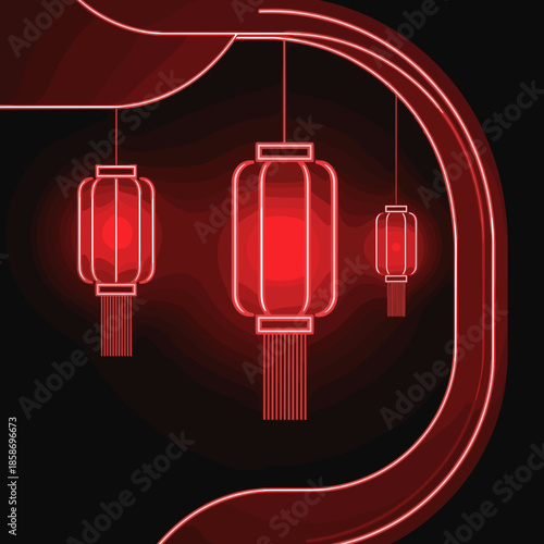 Modern stylized red neon Chinese lanterns glowing brightly against a dark background, framed by a sleek curved red light element, futuristic design.