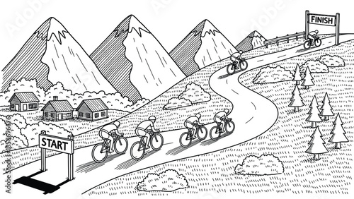 Group of cyclists powers uphill on a winding mountain road toward a finish line, passing rustic cabins. Alpine scenery features snow peaks, trees, and rolling fields, evoking adventure and endurance