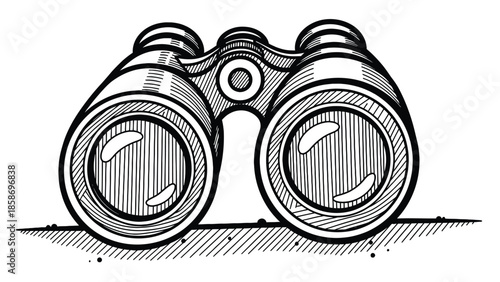 Black And White Illustration Of Binoculars On Ground, Close Up View For Observation And Exploration