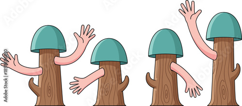 Funny Cartoon Mushroom Characters with Human Arms in Different Poses Surreal Flat Vector Illustration Isolated on White