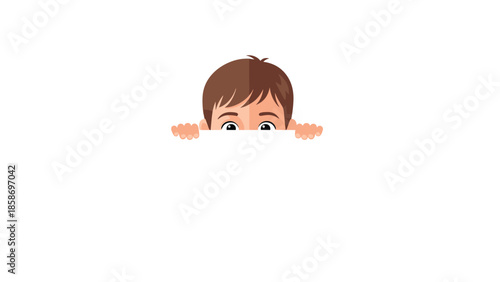 Curious young boy with wide, expressive eyes peeks discreetly over a blank white surface, evoking a sense of mystery and wonder.