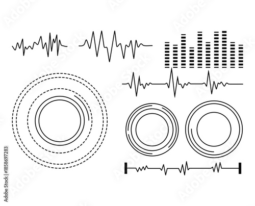 Abstract Sound Waves, Music Equalizers, and Black Minimalist Audio Frequency Graphics and Tech Symbols