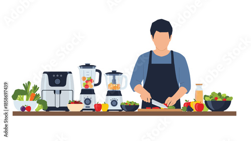 Skilled man diligently chops fresh vegetables in a modern kitchen, surrounded by various appliances and healthy ingredients for cooking.