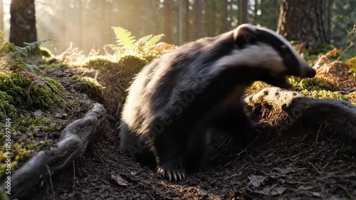 European Badger Emerging from its Den in a Sunny Forest Setting.