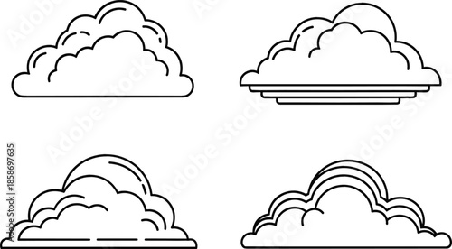Line Art Vector Icon Set of Stylized Fluffy Clouds in Outline Form, Suitable for Weather Forecasting, Sky Graphics, and Cloud Computing Concepts.