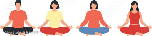 People Meditating in Lotus Pose Yoga and Mindfulness Practice Group Flat Vector Illustration Isolated on White Background