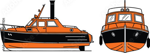 Orange and Black Vector Illustration of a Vintage Pilot Boat or Tugboat, Shown in Side Profile and Front View, Ideal for Marine Transport and Maritime Service Themes.