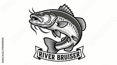 Retro engraved style illustration of a large jumping catfish with prominent whiskers and a "River Bruiser" banner below, concept for fishing club branding, apparel merchandise and mascot design