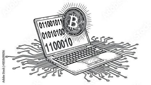 A laptop displays binary data with a glowing Bitcoin emblem, Circuit patterns radiate outward, conveying cybersecurity, innovation, and modern online trading.