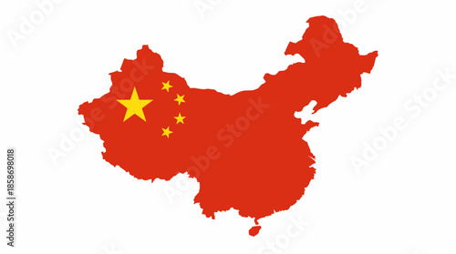 China's map silhouette filled with the national flag design, including five yellow stars, on white background, concept for international trade, geopolitical studies and travel brochures