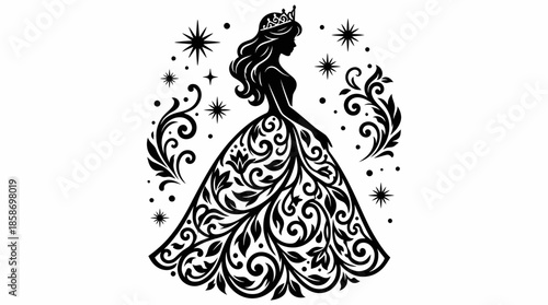 Beautiful black silhouette of a princess wearing a crown and detailed ornamental gown surrounded by stars, concept for invitation cards, packaging design and graphic prints