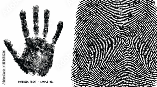 Detailed vector graphic illustrating a black handprint and high-resolution spiral fingerprint pattern on white, concept for security systems, criminal investigation and biometric authentication