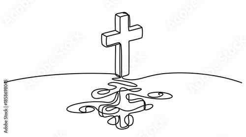 Continuous single line drawing of 3D religious cross symbol with abstract base on white background, concept for Christian posters, spiritual illustrations and holy day greeting cards