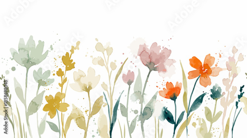 Abstract watercolor floral seamless border featuring wild meadow flowers and foliage in soft earthy colors, concept for wedding invitations, seasonal decor and textile prints