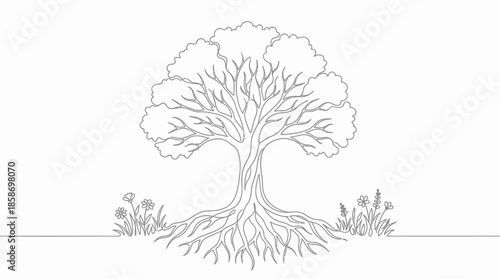 Continuous single line art illustration of a powerful rooted tree symbolizing nature and growth, concept for eco-friendly packaging, environmental education and abstract logo design