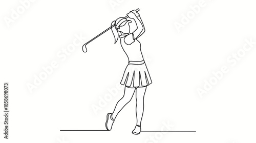 Continuous line drawing of a fit woman golfer in a skirt completing a powerful golf swing, concept for sports coaching, fitness promotion and golfing tournament posters