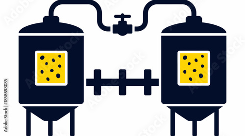 Dark blue vector icon depicting two connected industrial fermentation tanks with a valve and yellow internal contents, concept for brewing technology, chemical engineering and agricultural processing