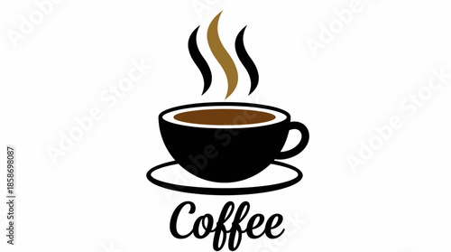 Graphic design of a hot black coffee cup with brown liquid, rising steam and 'Coffee' text on a white background, concept for beverage branding, restaurant menus and breakfast promotions