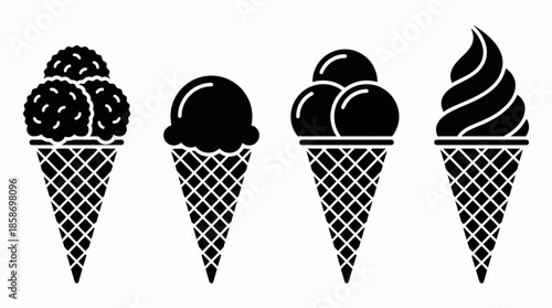 Collection of four black silhouette icons showing diverse ice cream cones and soft serve on a white background, concept for menu design, summer promotions and frozen treats application graphics
