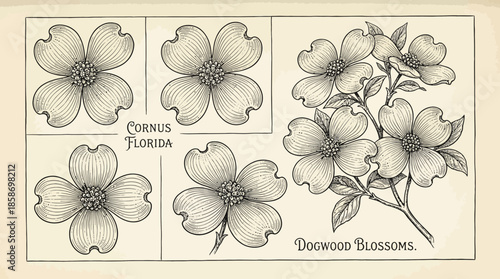 Vintage botanical line art engraving of Dogwood Blossoms on aged paper background, concept for scientific illustration, antique prints and educational textbooks