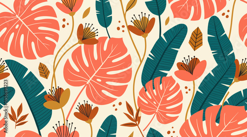 Seamless modern tropical pattern of coral monstera, teal banana leaves and stylized flowers, concept for wallpaper, textile printing and summer branding materials