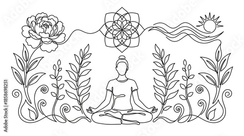 Continuous line art of woman meditating in lotus pose surrounded by peony, leaves and mandala motif, concept for holistic design, yoga advertisements and wellness branding