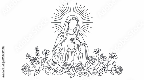 Minimalist continuous line drawing of the Virgin Mary, surrounded by roses and a radiant halo, concept for religious design, spiritual greeting cards and tattoo design