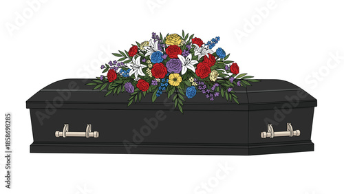 Dignified black coffin gracefully adorned with a vibrant and colorful floral arrangement, symbolizing a heartfelt funeral service.