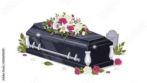 Solemn black coffin adorned with elegant white and pink flowers, positioned beside a tombstone, depicting a respectful grave site.
