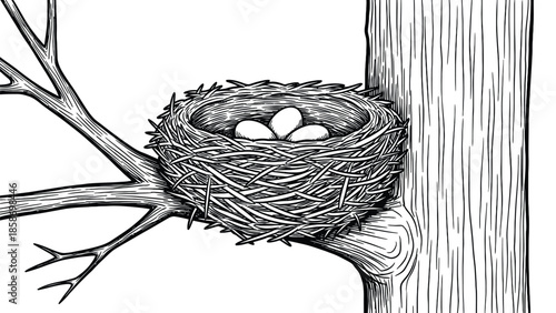 Nest With Eggs On Tree Branch Illustration, Natural Wildlife, Calm Nature Scene For Stock