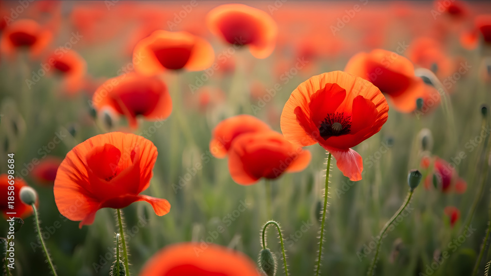 Fototapeta premium Vibrant red poppies in a lush green field on a sunny day with blurred background