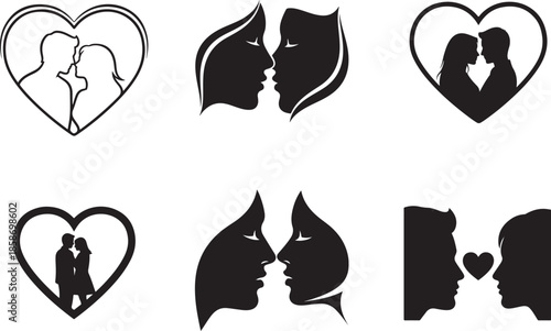 Romantic Couple Silhouette in Heart Set, Valentine couple, kissing couple, romantic icon, relationship symbol, wedding couple, love illustration.