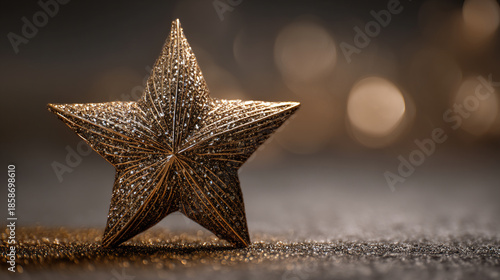 A close-up photograph of a textured gold star decoration sitting on a glittery surface with a blurred bokeh background