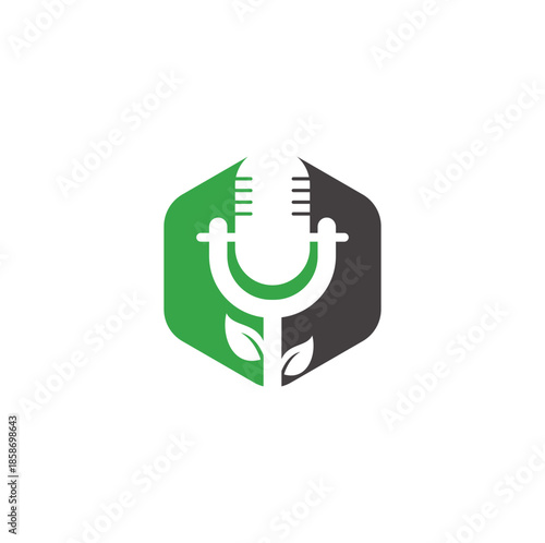 Podcast leaf vector logo design. Podcast talk show logo with mic and leaves.