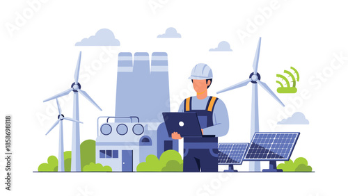 Male engineer in a hard hat with a laptop stands before wind turbines, solar panels, and an industrial plant, symbolizing green energy integration.