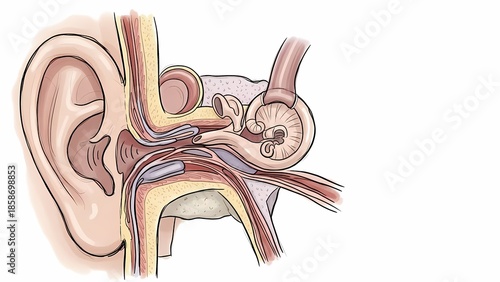 Detailed medical illustration showing a cross-section of the human ear anatomy, highlighting the external, middle, and inner ear structures like the cochlea and auditory canal.