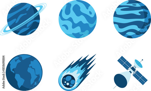 Blue flat space icons set featuring planets comet Earth and satellite in modern astronomy science vector illustration design