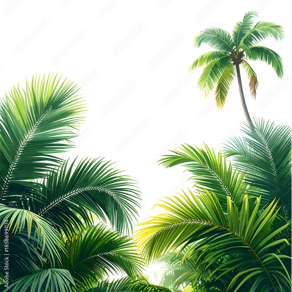 Fototapeta premium Lush green tropical foliage, palm trees, vibrant leaves, on a black background
