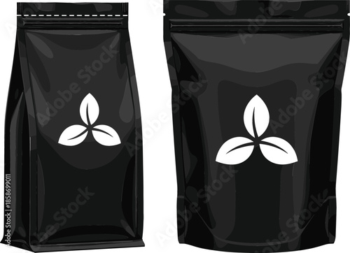Photorealistic Black Vector Mockup Set of Stand-Up Pouches or Flat-Bottom Bags with Zip Closures, Ideal for Coffee, Tea, Food, and Commercial Packaging Design.