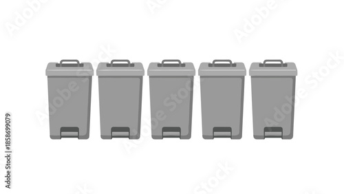 Consistent row of five grey private trash cans, each equipped with a convenient foot pedal and secure lid for household waste.