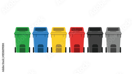 Vibrant row of six colorful recycling bins, each with a foot pedal, designed for efficient waste separation and environmental responsibility.